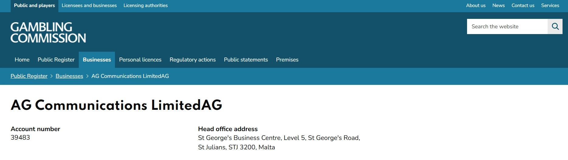 AG Communications Limited account 39483 in the UK Gambling Commission public register